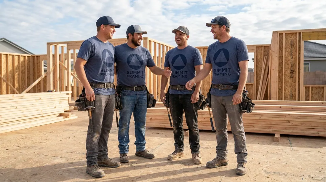A construction crew in printed work shirts