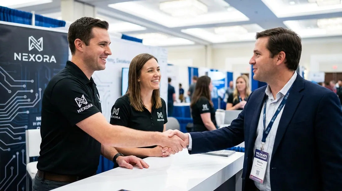 Two professionals staffing a trade-show booth in matching branded polos