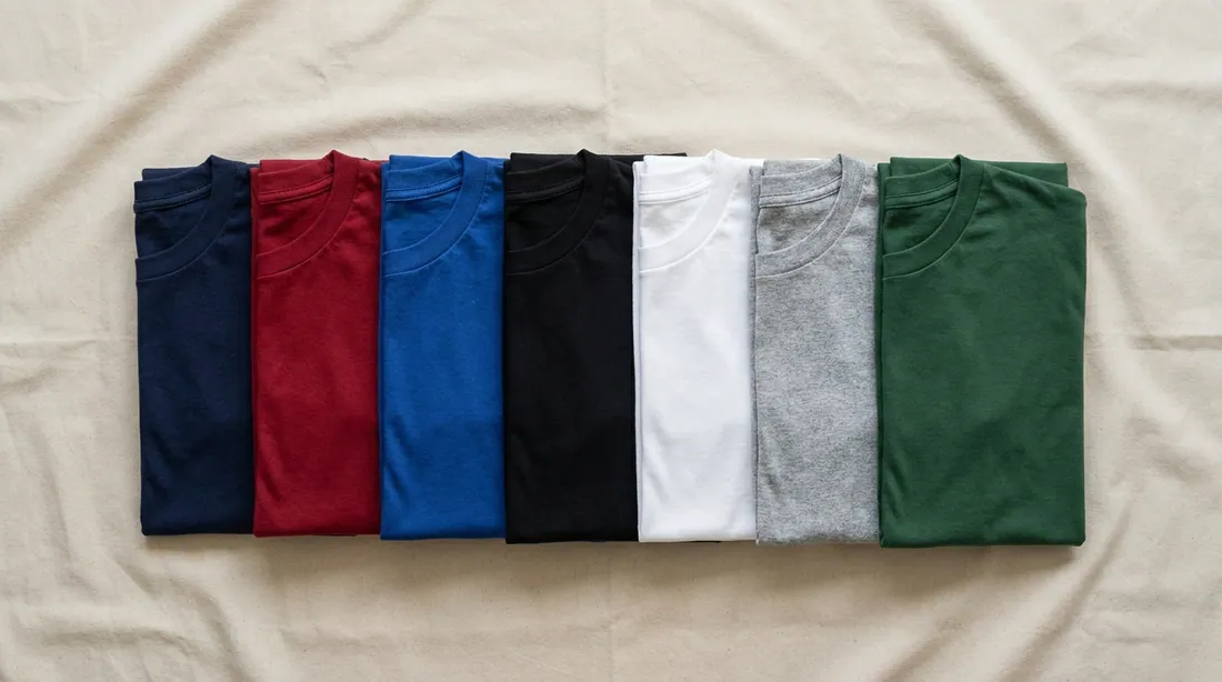 Seven folded t-shirts in a row showing the full color lineup