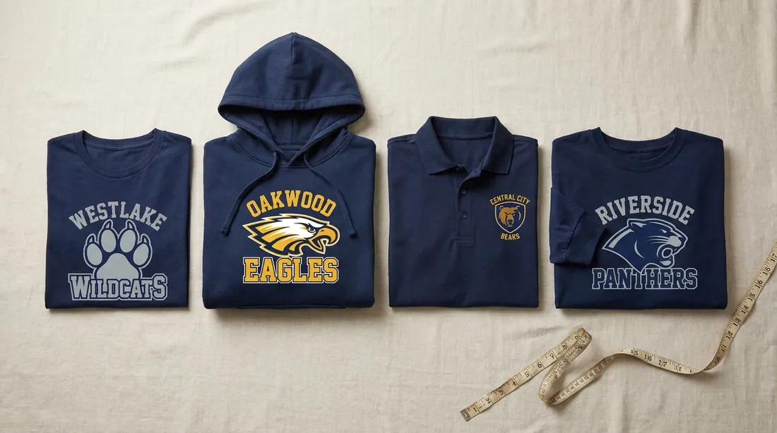 A tee, hoodie, polo, and long sleeve folded neatly in a row with a tape measure