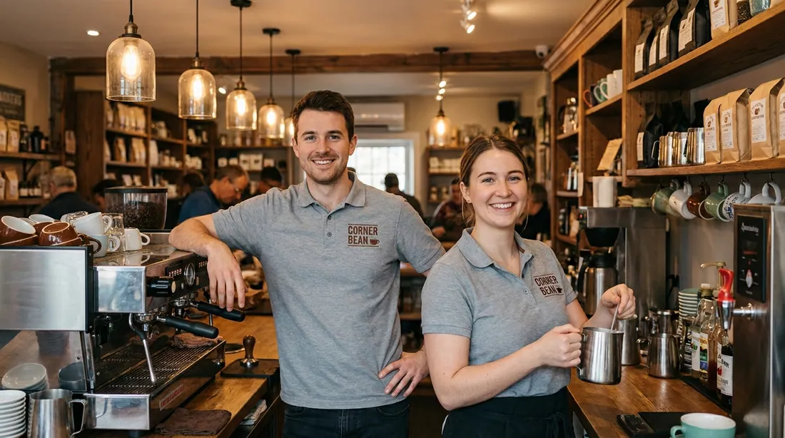 Two baristas behind a cafe counter wearing matching branded polo shirts