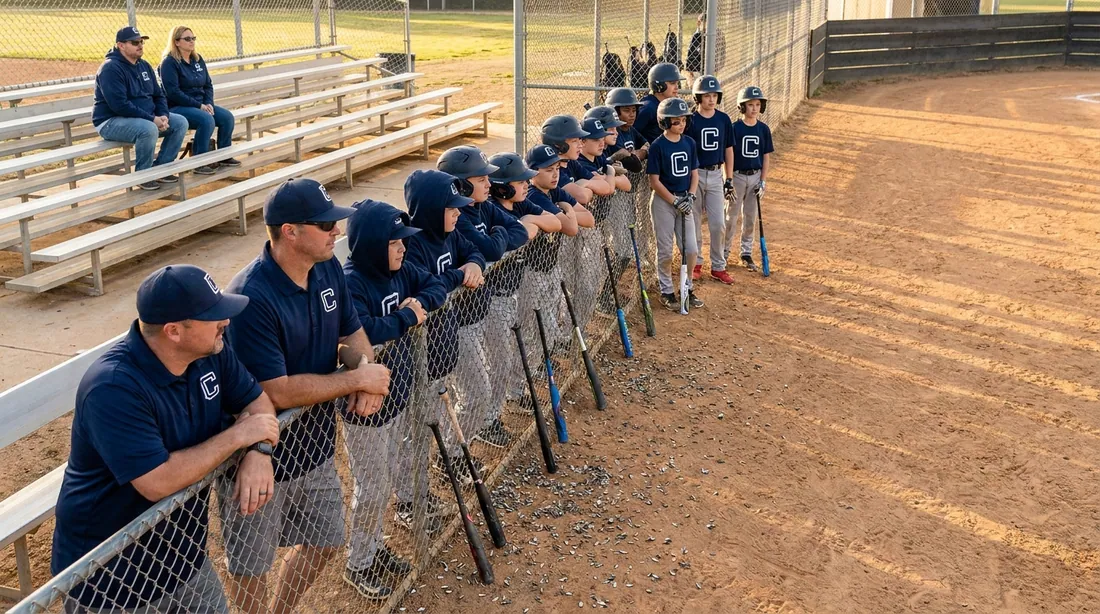A youth baseball team wearing matching printed shirts