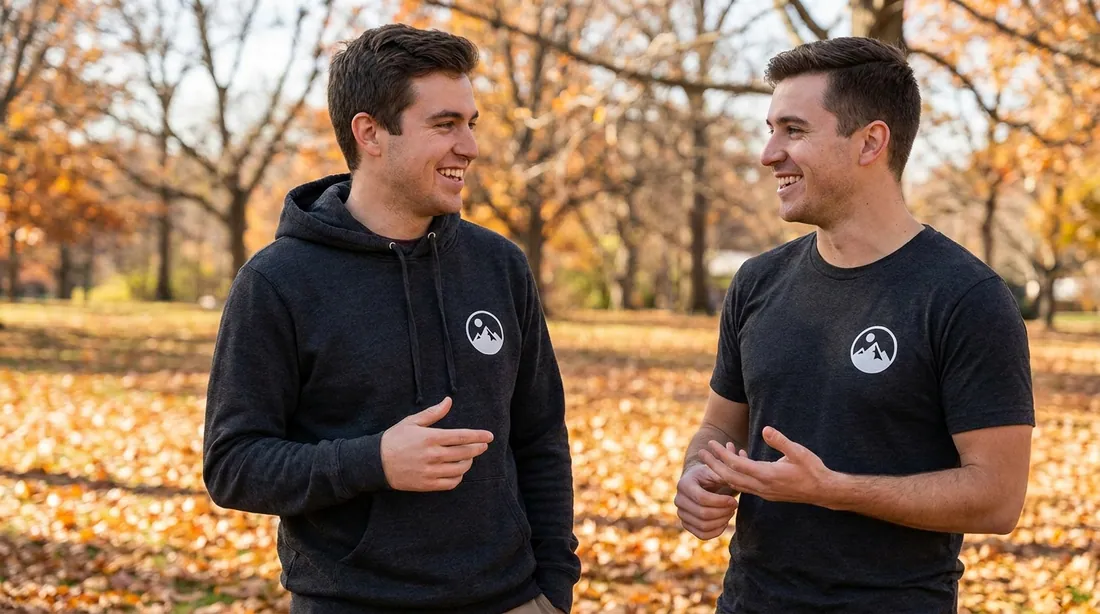 Two friends outdoors in fall, one in a plain hoodie and one in a plain t-shirt