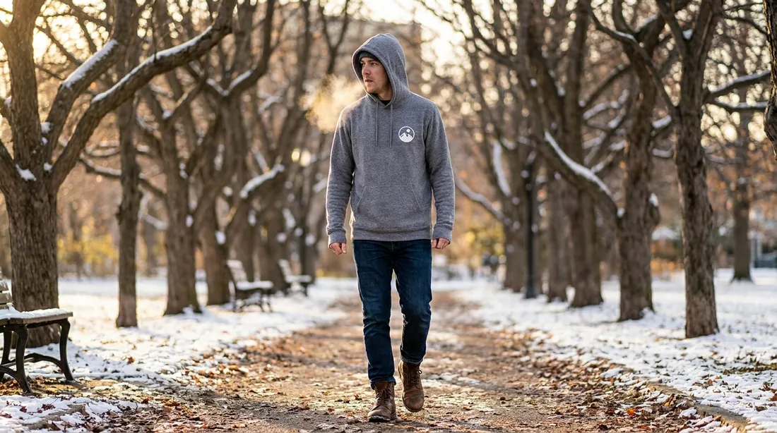 A person walking through a snowy park in late autumn wearing a gray hoodie with a printed chest logo