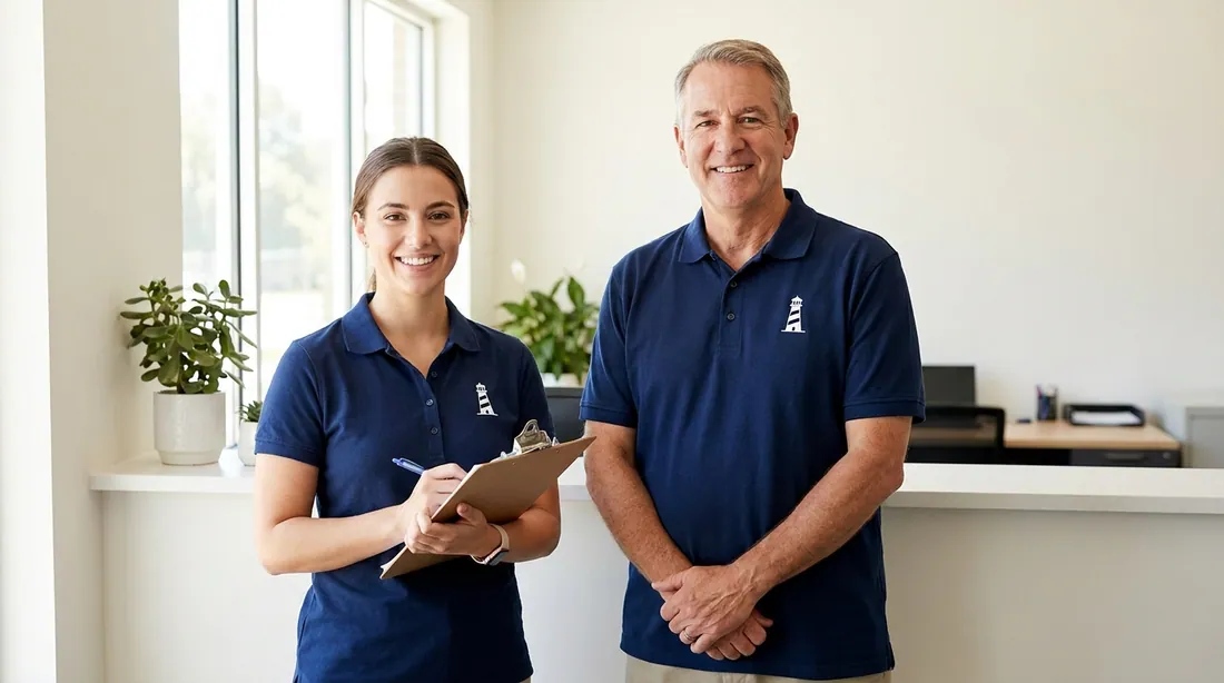 Two school staff members of different ages in matching navy polos with a small left-chest logo