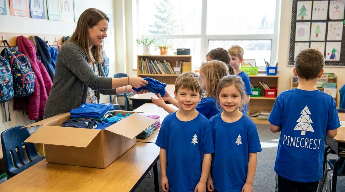 A teacher handing out shirts from a box of mixed sizes to students, one turned to show the back mascot design