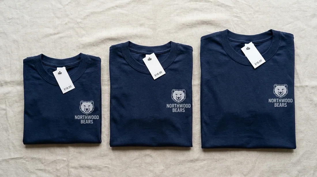 Folded shirts in small, medium, and large, each with an identical price tag