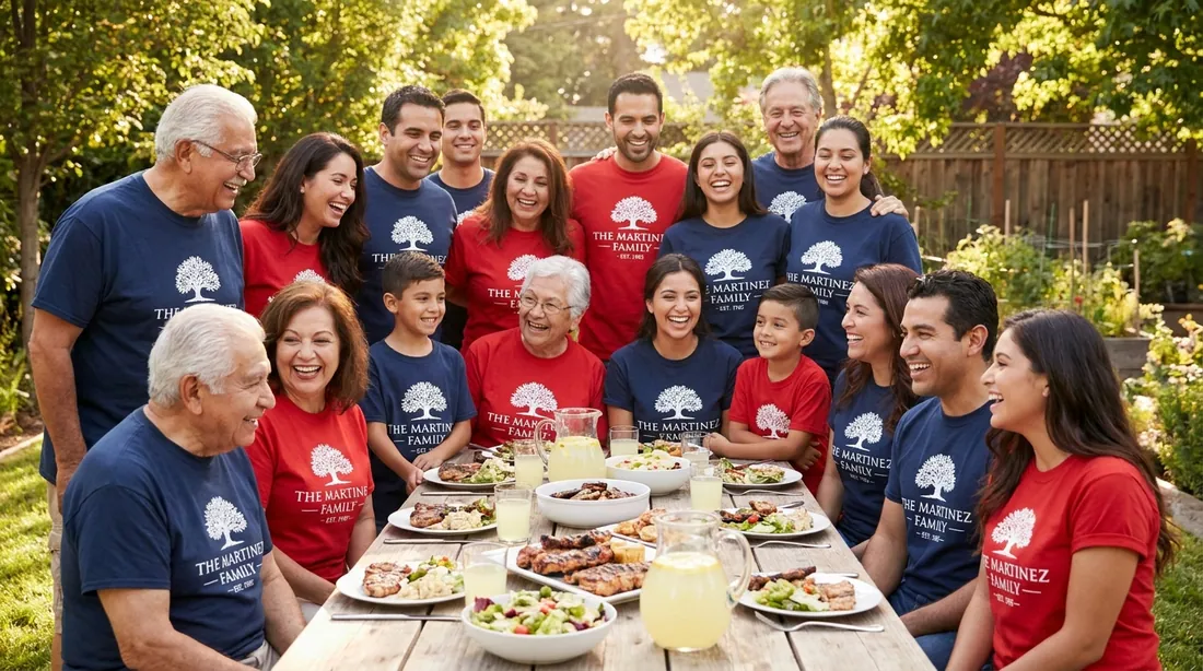 A family in matching reunion shirts