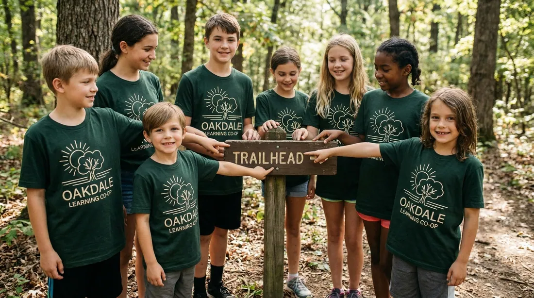 A mixed-age group of homeschool kids on a nature-center field trip in matching co-op shirts