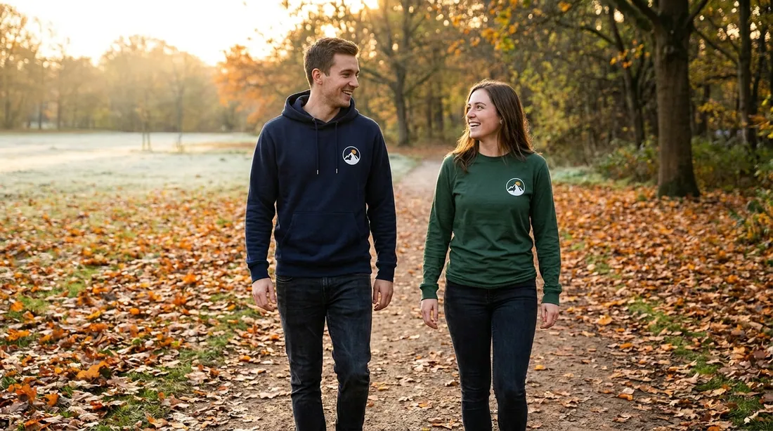 Two friends walking on a fall day, one in a navy hoodie and one in a forest-green long sleeve, both with the same printed chest logo