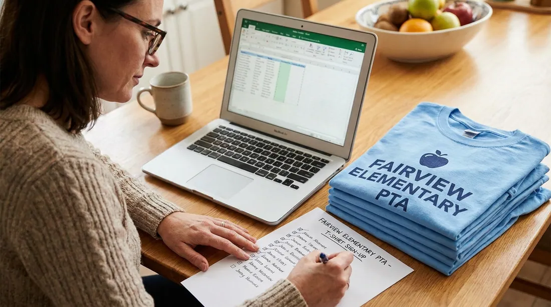 A parent at a kitchen table with a laptop, sign-up sheet, and a stack of folded PTA shirts