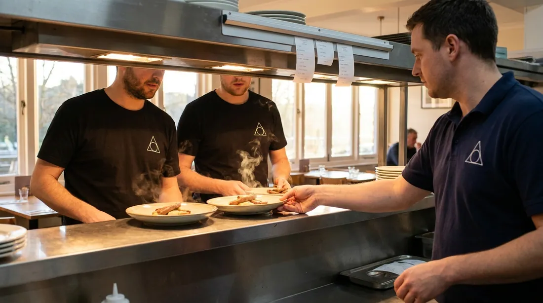 Restaurant staff in branded shirts