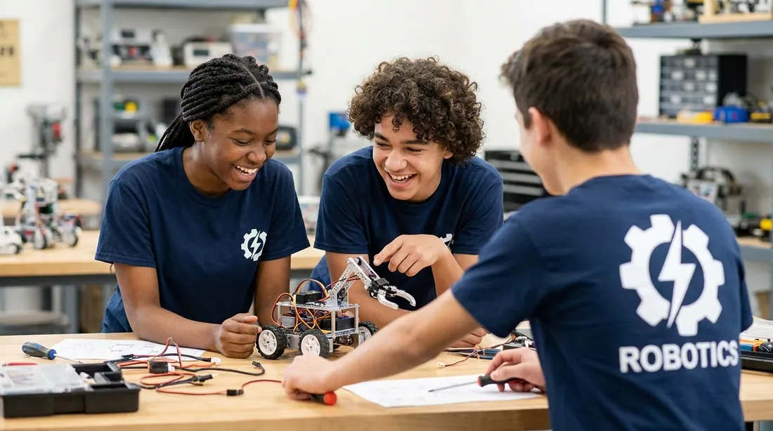 Teens gathered around a robot on a workshop table, wearing matching club t-shirts