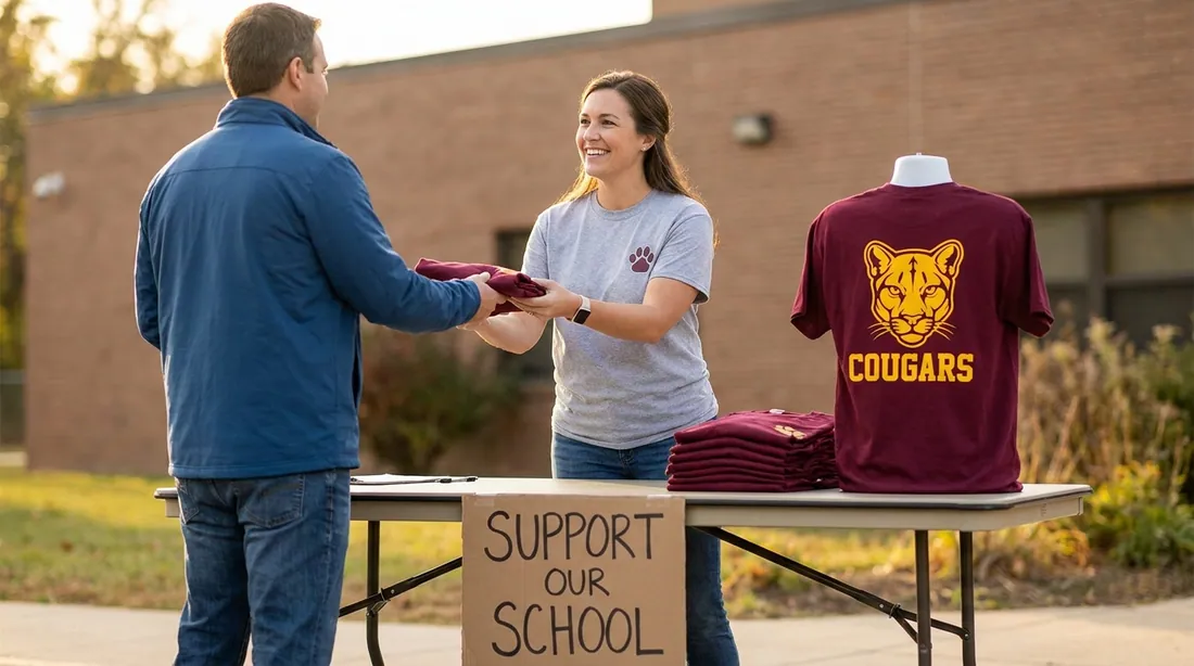 A volunteer handing a folded fundraiser shirt to a parent at a table with a cash box and stacked shirts