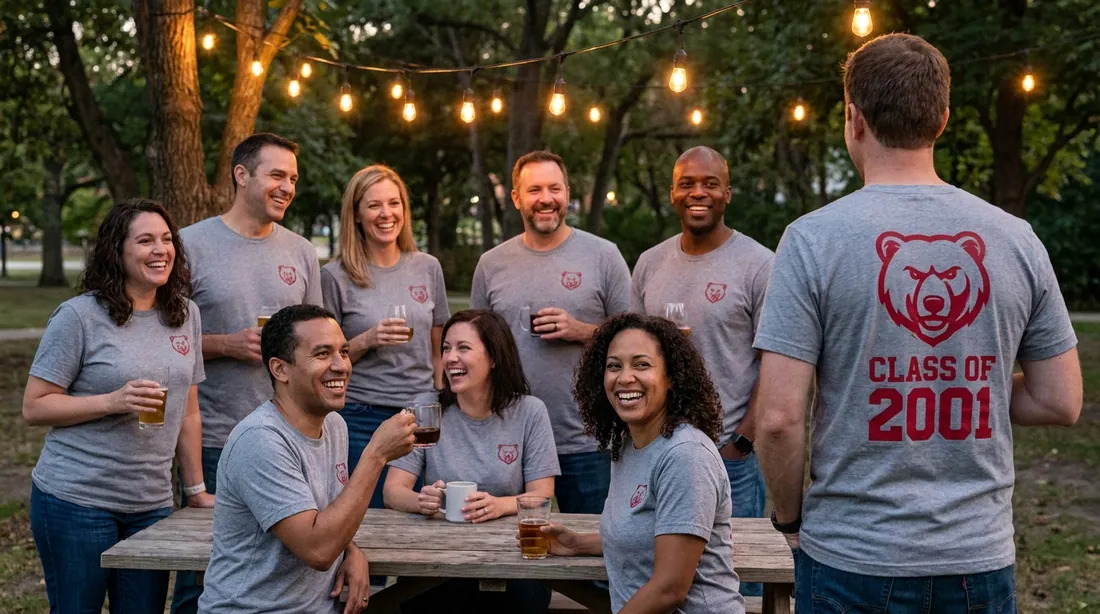 A group of adults laughing together at an outdoor reunion, wearing matching class-reunion shirts