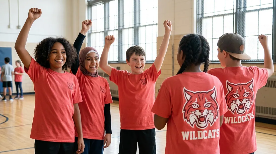 Middle school students in matching red spirit shirts with a wildcat mascot