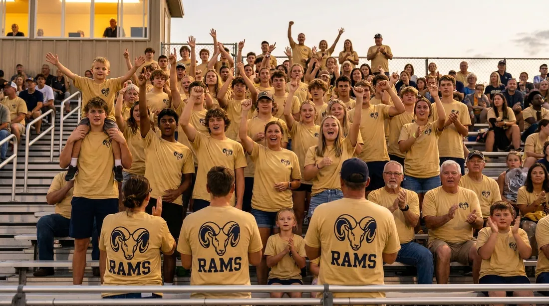 A packed set of bleachers at a night game, a crowd of all ages in matching gold spirit shirts