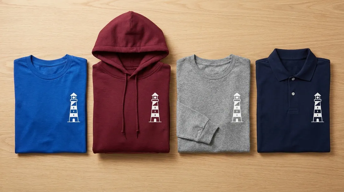 A tee, hoodie, long sleeve, and polo folded in a row, all carrying the same school logo