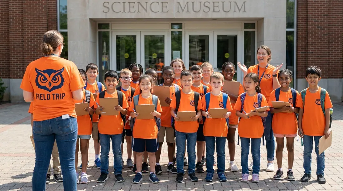 A class on a field trip outside a science museum, all in matching bright orange shirts with a chaperone showing the back design
