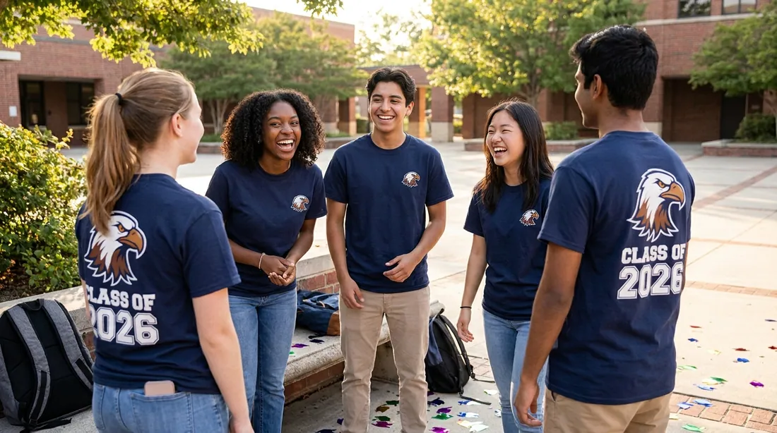 A group of laughing high school seniors in a courtyard, wearing matching Class of 2026 shirts