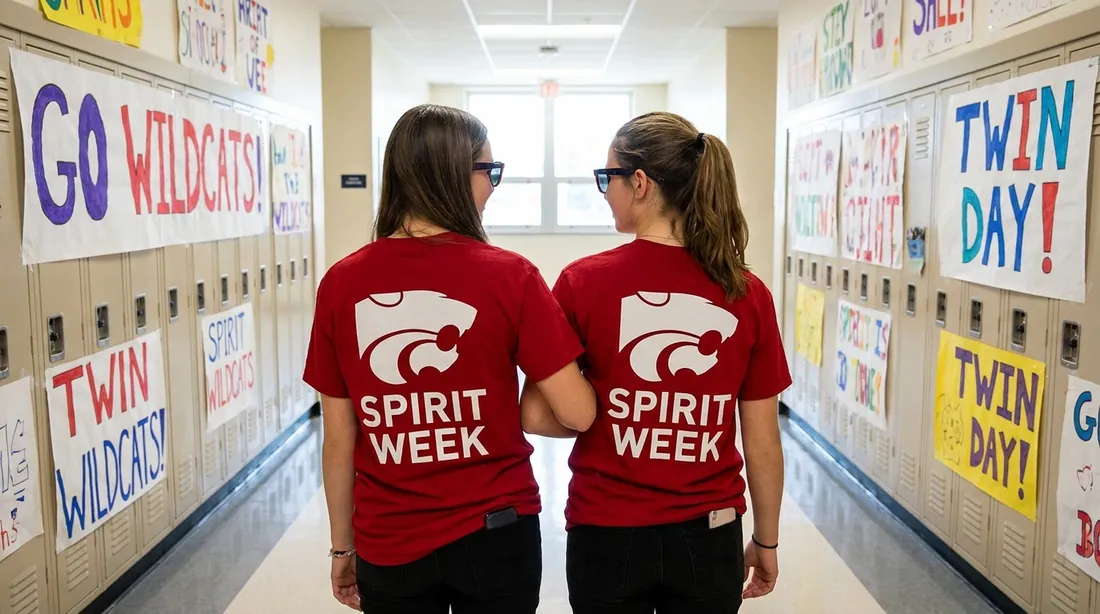 Two friends in a school hallway dressed identically for Twin Day