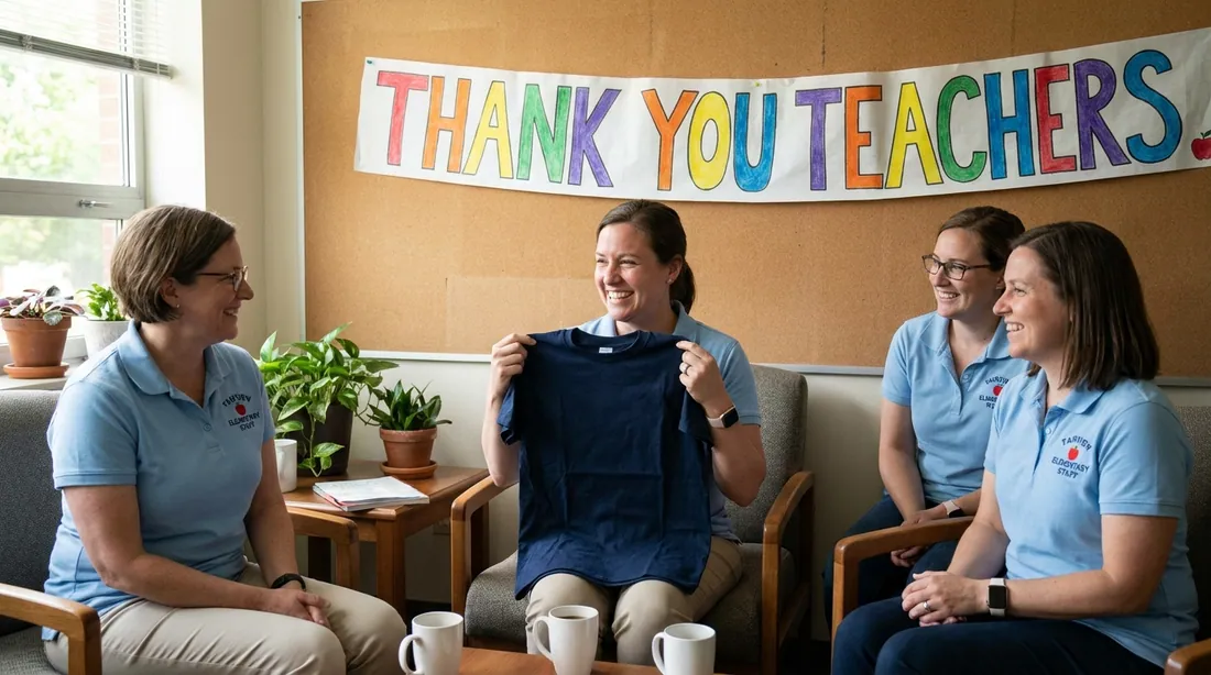 Smiling elementary school teachers in a lounge, wearing matching staff polos, during teacher appreciation week