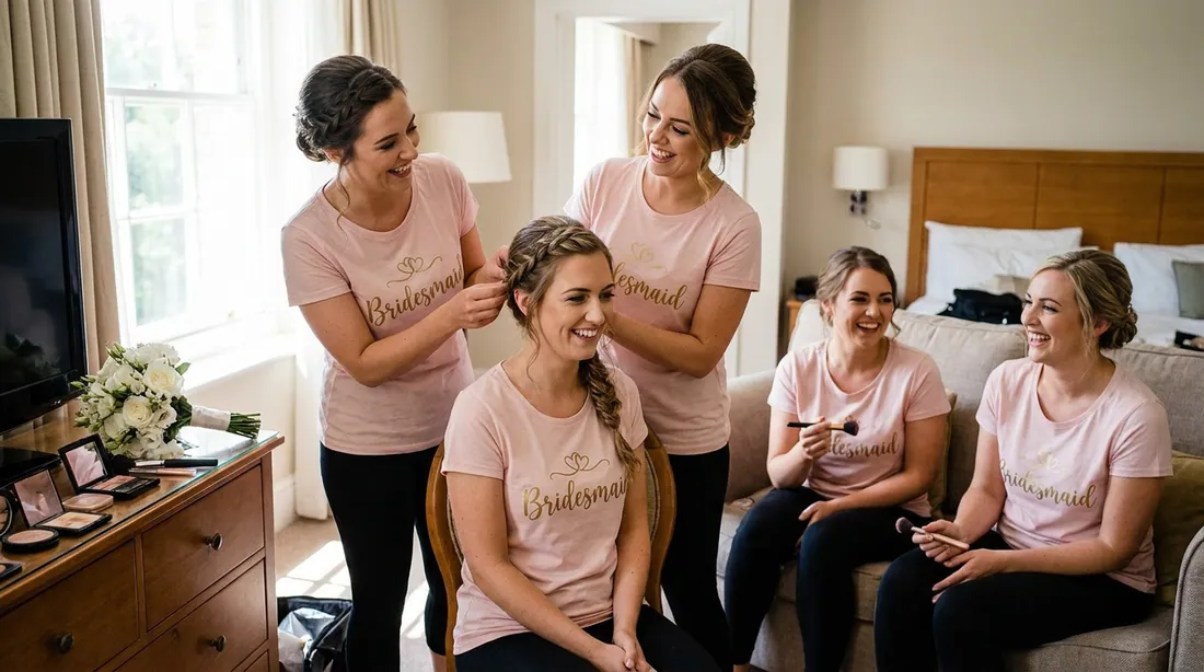 Bridesmaids getting ready together, wearing matching bridesmaid t-shirts